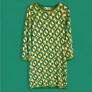 Boden Dress Sz 8L Swinging Sixties Tunic Sweater Gold Green Geometric Festive EC